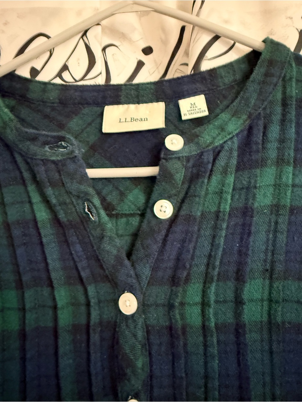 L.L. Bean Navy and Green Plaid Button-Front 100% cotton flannel nightgown - Picture 2 of 4